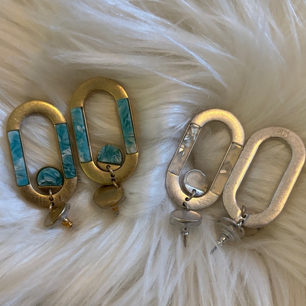 NEW Lot of 2 Gold & Turquoise / Silver Statement Earrings Costume Festival NWOT